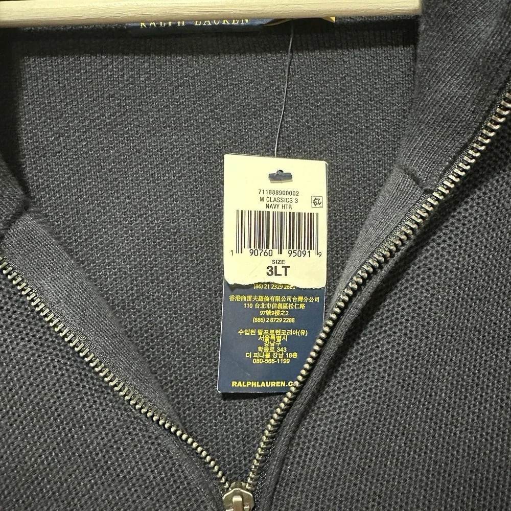 Polo Ralph Lauren Mock Neck Sweater 1/4 ZIP 100%‎ Cotton Navy Size 3LT